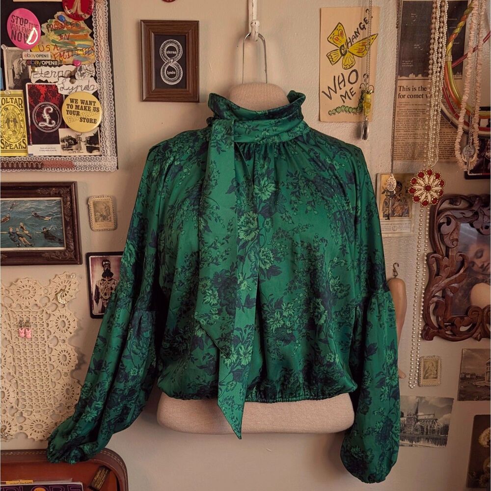 Floral Scarf Tie Neck Balloon Sleeve Blouse Women's Medium Green